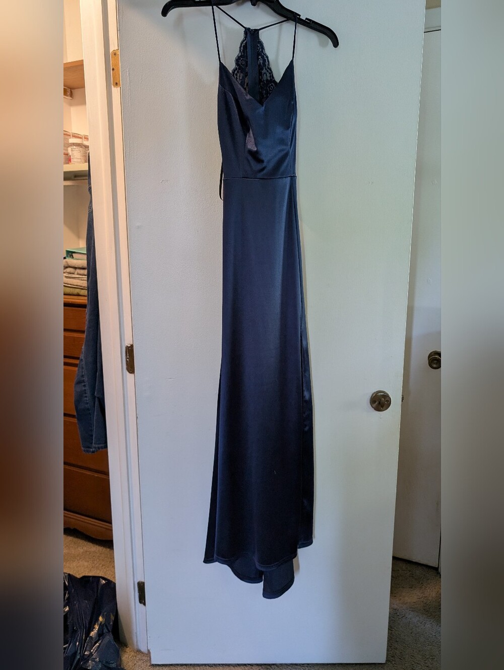 B. Smart Navy Satin Maxi Dress with Lace Back